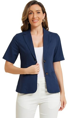 Allegra K Donna Blazer in Lino di Cotone per Giacca Blazer con Risvolto Dentellato A Maniche Corte da Ufficio Blu Scuro XS