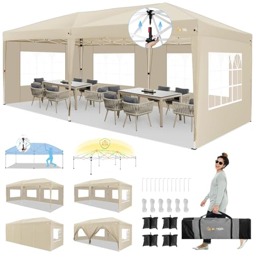 HOTEEL Pavillon 3x6 mit Seitenwnden, Faltpavillon 3x6 Wasserdicht Stabil Winterfest Partyzelt mit Zentralverriegelung, Pop Up Pavillon Gartenpavillon mit Sandsäcke, für Party, Garten, Markt, Khaki