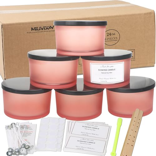 Milivixay 6er-Pack 684 ml Kerzengläser mit Metalldeckeln und Kerzenherstellungs-Sets – 3-Docht-Kerzenglas, leere matte rosa dicke Glasgefäße für die Herstellung großer Kerzen – Gewürze, Pulverbehälter