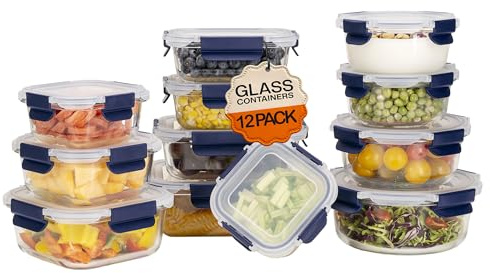 HOUSZY Meal Prep Containers, Glass, 12 Pack, Blue Lids, Airtight, Leakproof | Borosilicate, oven, microwave, freezer and dishwasher safe. Rectangular food storage