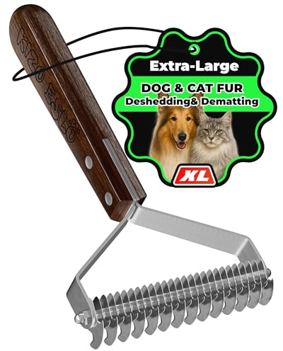 Extra Large 2-Sided Undercoat Rake for Dogs & Cats, Dog Brush for Shedding Remove Mats, Dematting Comb, Safe & Gentle Grooming Brush for German Shepherds Medium to Long-Haired Pets (Walnut Handle)