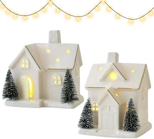 Xevinas Weihnachtsdeko Weihnachtshaus Beleuchtet, Led Porzellan Häuser Weiß Mit LR44 Batterien, Weihnachtsdorf Mit Beleuchtung Keramik Häuser Weiß Mit Weihnachtsbäumen Weihnachtsdeko Für Tisch (A+B)