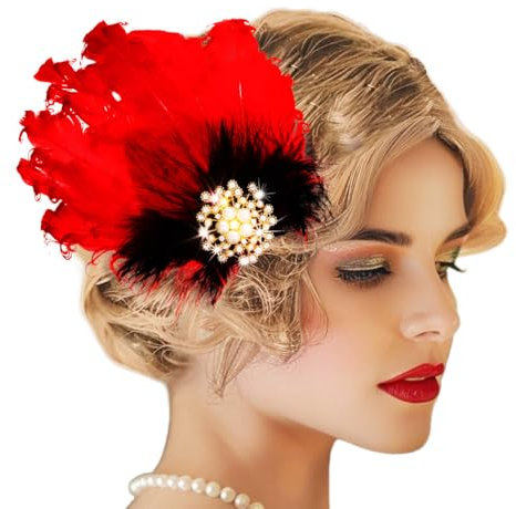 Handcess 1920er Flapper Haarspange Rote Feder Kopfbedeckung Vintage Strass Kopfschmuck Gatsby Kostüm Haarschmuck für Frauen