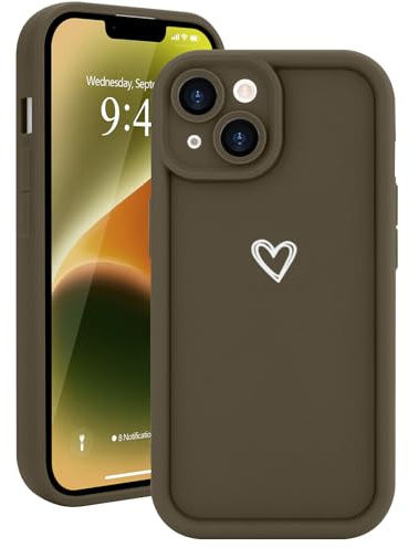 Micoden for iPhone 14 Silicone Case with Heart Love-Brown | Soft TPU Shockproof Protective Bumper,Cute Aesthetics Pattern Design for Girls Women