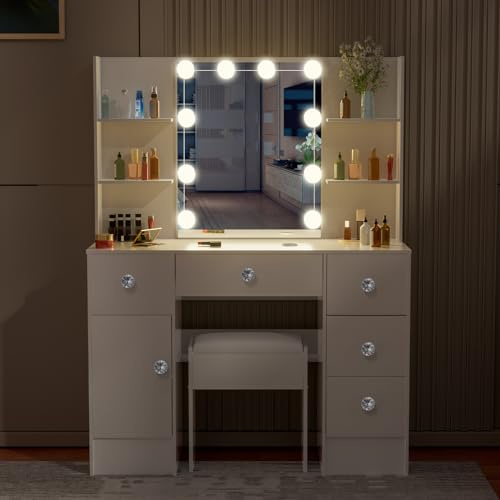 Ereousa Dressing Table with Mirror and Stool, Vanity Desk with 5 Drawers and 4 Shelves, Makeup Desk with Adjustable Led Lights, Makeup Table for Bedroom, 100x40x140cm, White, HZ691223