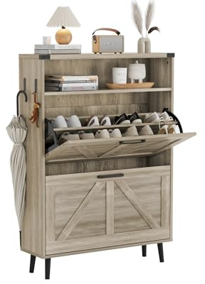 FiveWillowise Schuhschrank mit 2 Klappen, Schuhregal für Flur, schmaler Schuhkipper mit 4 Ablageflächen Schuhkommode mit offenem Stauraum, Schuhaufbewahrung Holz Wand, 80x24x113,5 cm, Grau