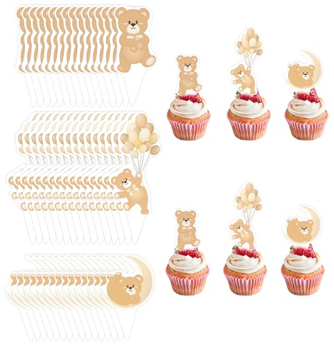 48 adornos para cupcakes con forma de osito de peluche, para baby shower, cumpleaños, fiestas infantiles, decoración (marrón)