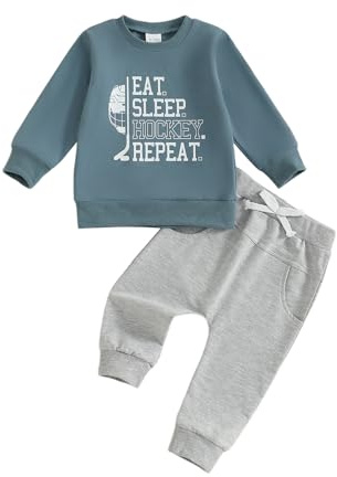 DNOMAID YZARC Toddler Baby Boy Hockey Outfit Eat Sleep Hockey Repeat Long Sleeve Sweatshirt Top Pants Set Fall Winter Clothes (Blue, 2-3T)