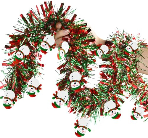 Guirnalda Navideña Tinsel Metálico Oropel Rojas y Verdes 2M Muñeco de Nnieve Espumillón Decoración Colgante para Árbol Navidad Pared Techo Ventana Hogar Fiesta