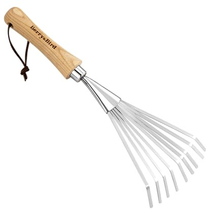 Berry&Bird Hand-Fächerbesen 36,6 cm - Handrechen mit Stiel aus Eschenholz, Gartenwerkzeug mit 9 Flache Zinken, Laubrechen aus Edelstahl zur Entfernung von Laub Unkraut Grasschnitt