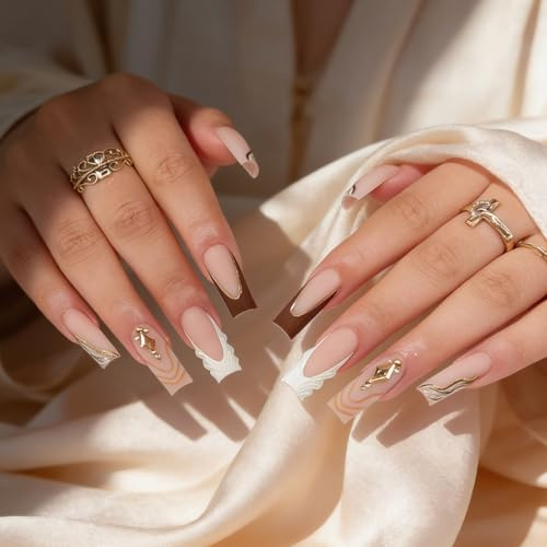 Xantljus Press On Nails, 24 stycken naglar att klistra på och franska nails, långa fyrkantiga konstgjorda naglar med matt fall ränder design för kvinnor manikyr