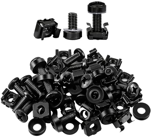 Calolin 100 Sets M6 Rack Screws Kit, M6 x 16 mm Black Zinc Plated Steel Screws with Cage Nuts and Washers, Square Rack Mount Hardware Set with Storage Box for Server Cabinets