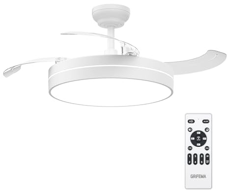 GRIFEMA Ventilatore da Soffitto con Luce e Telecomando, Ventilatore da Soffitto Retrattile Silenzioso con Motore DC 30W, 6 Velocità, Luminosità e Colore Regolabili Senza Scatti, Memoria, 107cm GD105