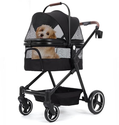Faltbarer Hundewagen & Hundebuggy für Tier Bis 15 Kg, Einzelstöckig, Sicherheitsleinen, Netzfenster & Stauraum, Ideal für Reisen und Spaziergänge