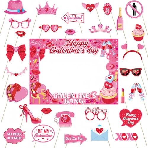 Happy Galentines Day Photo Booth Props - 30 Pcs Galentines Party Selfie Props with Paper Photo Booth Frame for Galentines Day Party Supplies