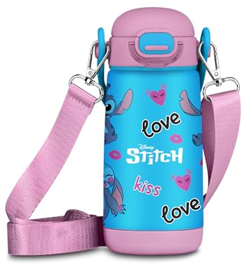 Seven Borraccia Kid con tracolla LILO & STITCH, Blu, 400 ml, Acciaio Inox, BPA free, Ermetica, Caldo 12h/Freddo 24h, A prova di perdite, Scuola, Sport, Viaggio, Per bambini, Idea regalo