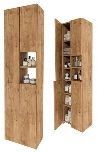 möbelkap Badschrank Hochschrank schmal stehend | Badezimmer Regal mit Stauraum | platzsparender Badezimmerschrank | Standregal Bad in Holzoptik Eiche Lancelot