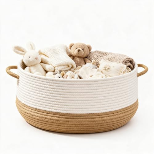 Rope Basket,40 * 40 * 20cm Storage Baskets, Large Cotton Rope Blanket Basket, Woven Storage Basket with Handle, Decorative Organiser Basket, Rope Organizer for Toy,Clothes,Living Room,Bedroom(Brown)