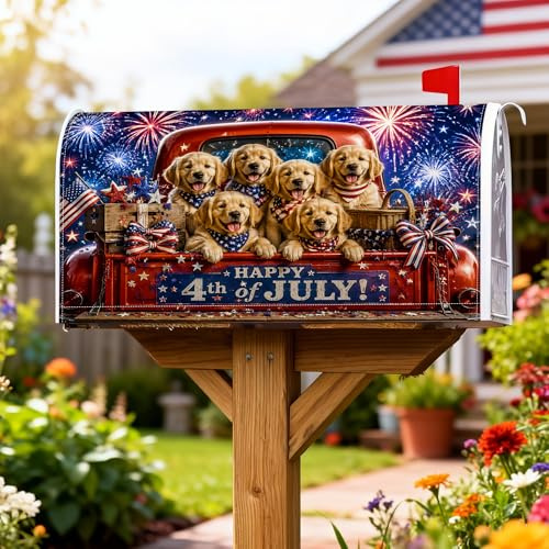 Coperture magnetiche per cassette postali per cani, motivo patriottico festivo con fuochi d'artificio e bandiere americane, copertura rossa per cassetta delle lettere per la casa e il giardino, 53 x