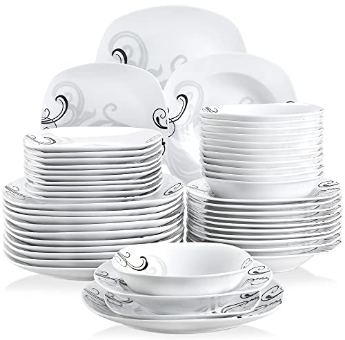VEWEET Servizio da tavola Zoey in porcellana, 48 pezzi, set di stoviglie beinhatlet ciotole per cereali, piatti da dessert, piatti piani e piatti fondi | servizio stoviglie per 12 persone