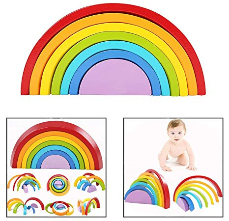 DMZK Arc-en-Ciel Jouet, Éducatif Jouet Créatif Jeux de Construction en Bois Arc-en-Ciel Jouet pour Enfants