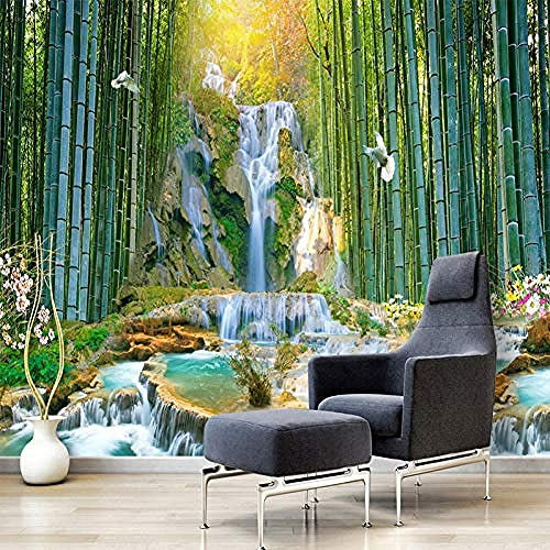 Papel pintado Mural no tejido XXL Foto de fondo de paisaje de cascada de bosque de bambú mural para sala de estar estudio dormitorio revestimiento de pared 3D Fotomurales