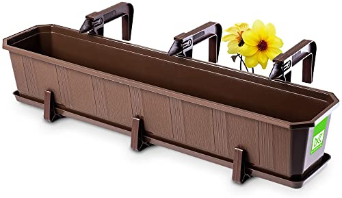 KADAX Blomlåda 80 cm med hållare, brun – planteringslåda med underlägg, rektangulär blomkruka av plast, planteringskärl för inomhus- och utomhusområden, balkong och terrass