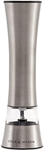 Cole & Mason Burford Electronic Salt and Pepper Mill, Adjustable Grind, One Touch Operation, Stainles Steel, 180mm, Includes 1x Salt or Pepper Grinder for Seasoning