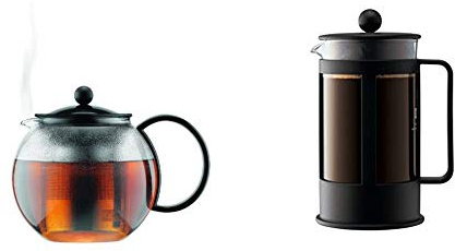 Bodum - 1805-01 - Assam - Théière à Piston en verre - Filtre inox - 1.0 L - Noir & 1788-01 - Kenya - Cafetière à Piston - 8 Tasses - 1 L - Noir