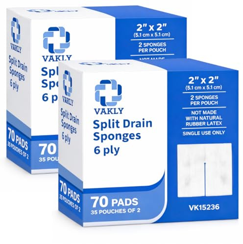Esponja de drenaje dividido de gasa 2 x 2 estériles de 6 capas [paquete de 140] vendaje absorbente precortado de 2 x 2 pulgadas no tejido para traqueotomía intravenosa - 2 cajas de 35 paquetes de 2