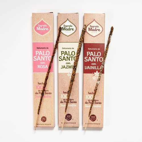 Sagrada Madre Räucherstäbchen, 100 % natürlich, Palo Santo, Rose, Jasmin und Vanille, 8 extra lange dicke Stäbchen, je 50 Minuten Brenndauer, 1 Set, 8 Stück, 1 Packung