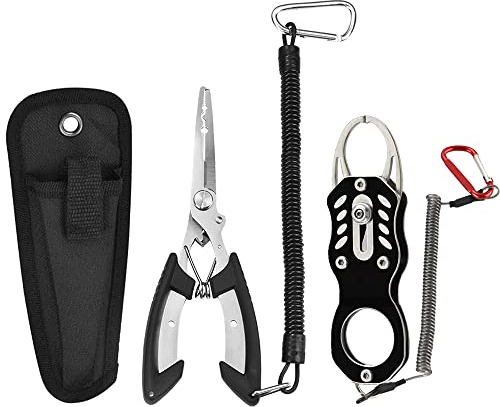 Juego de alicates de pesca de 3 piezas y pinzas para peces, tijeras de pesca, removedor de anzuelos, herramientas múltiples para cortar línea y anillos divididos, acero inoxidable (negro)