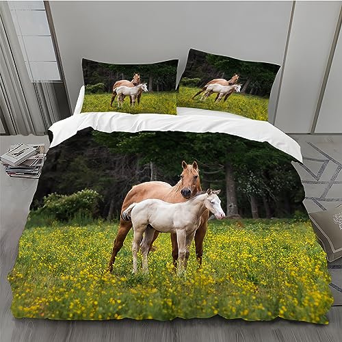 MLUNKQAIL Housse de Couette 90x190 Colza, Parure de Lit Cheval, Sets de Housses de Couettes 3 Pièces Microfibre avec Fermeture Éclair et 2 Taies d'oreiller 65x65 cm