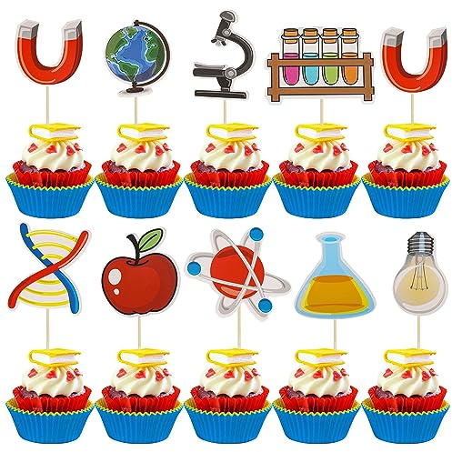Gyufise Lot de 36 décorations de cupcakes scientifiques sur le thème des roches pour fête prénatale, enfants, astronomie, biologie, chimie, physique, science, décorations de gâteaux pour fête