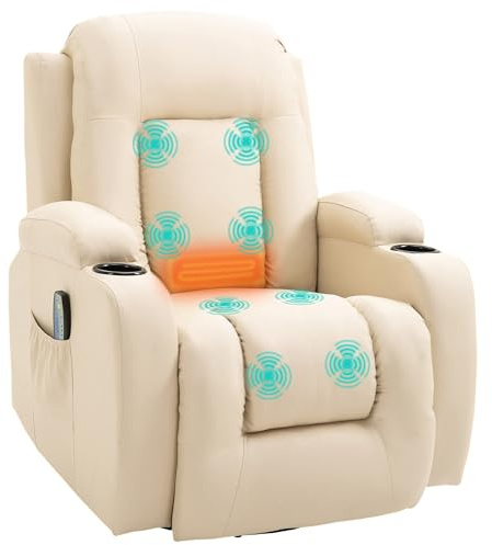 HOMCOM Poltrona Massaggiante Reclinabile Manuale, Poltrona Relax Elettrica Riscaldante Girevole con Dondolo, Portabicchieri, Telecomando, Poggiapiedi, Tasche Laterali, in Pelle PU, Crema