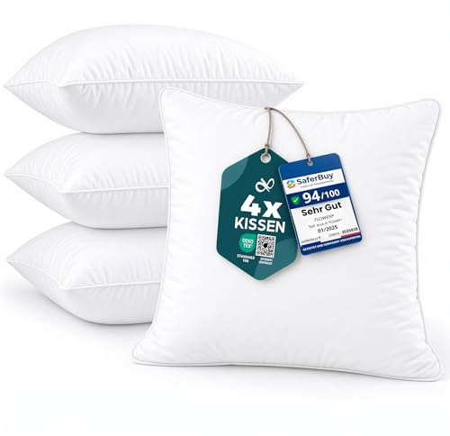 Flowen Cojines Sofa 40x40 Almohadones 4 Unidades Decorativos Relleno Cojin Hipoalergénico Antiácaros y Suave Cuadrado con Funda Exterior Almohada Respirable en Microfibra Blanca Extraíble y Lavable