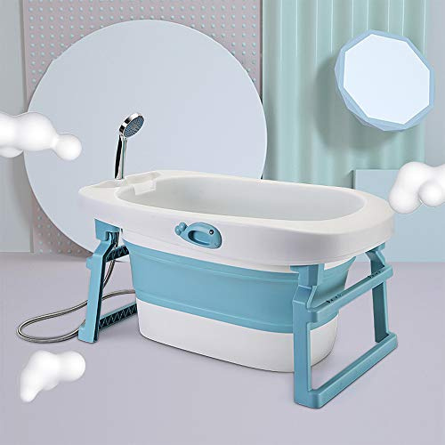 OHMG Faltbare Babywanne für Kinder, tragbar, faltbar, mit rutschfester Matte und Ablaufloch, für Neugeborene bis 6 Jahre, in Blau