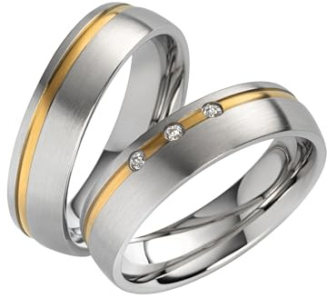 Paar Partnerringe & Eheringe aus Edelstahl 316L – 6 mm Trauringe matt/glänzend mit PVD Goldstreifen & 3 Zirkonia, Hochzeitsringe mit Gravur im Etui |2046