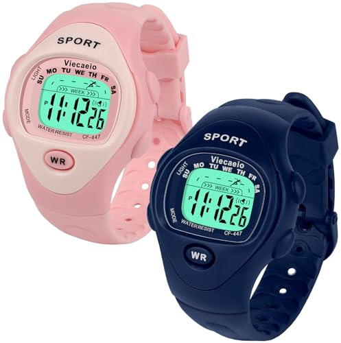 Viecaeio 2 Pieces Kids Digital Watch, Pink and Blue Multifunctional Shockproof Waterproof with Alarm Clock and Night Light, Children Gift for 3-8 Years