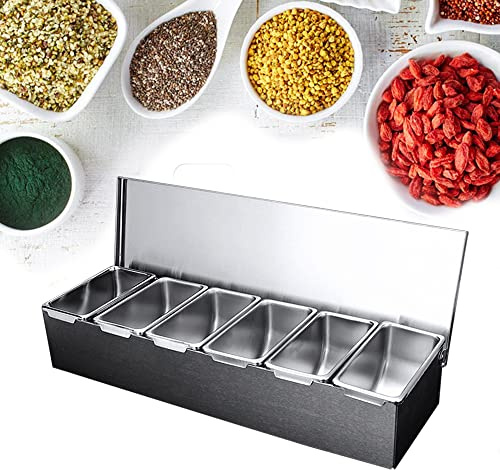 Qussse Zutatenbehälter Edelstahl Bar Beilagenbehälter mit Deckel 6 Einsätze Zutatenbox Gastronomie Mixen Wechselbar