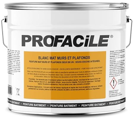 PROFACILE Peinture blanc mat intérieur murs et plafonds, sans odeur, 2 en 1, sous-couche intégrée 10 litres