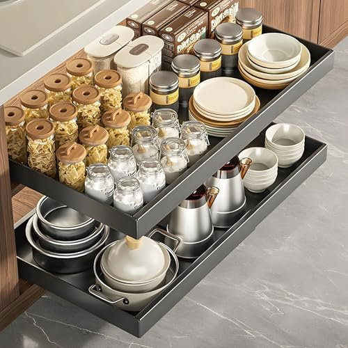 Gemsaya Teleskopschublade, 32-52cm Verstellbare Breite Schrank Organizer, Kohlenstoffstahl Erweiterbar Ausziehbare Schubladen-Aufbewahrungsregale, Schwarz Ausziehbar Küchenschrank Organizer