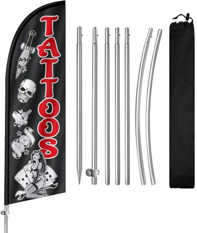 Tattoos Feather Flag,8FT Tattoos Advertising Flag with Stainless Steel Flagpole,Ground Spike,Tattoos Signs for Businesses and Storefronts