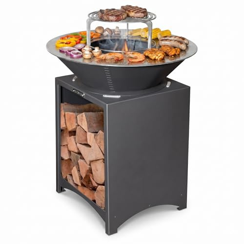 Brasero Haut avec Plaque et Grille Amovible en Acier Barbecue plancha extérieur Ø 75 cm