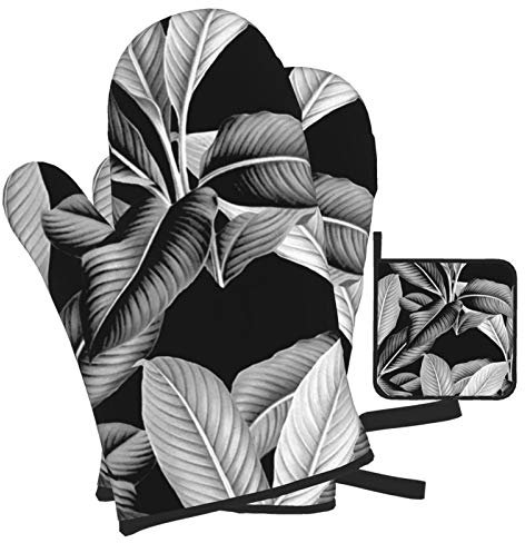 Topflappen Und Topflappen Set Von 4 Palme In Palme Schwarz Weiß Grillhandschuhe Druck Backhandschuhe Weiches Topfhandschuhe, Für BBQ, Backen, Küche