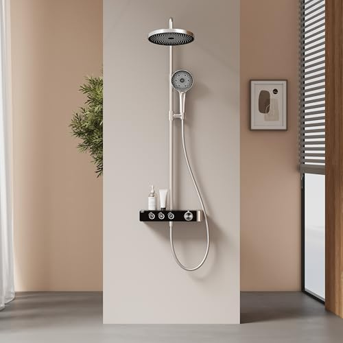 EMKE Thermostatische Duschsäule, Handbrause mit 3 Funktionen, extra großer Duschkopf mit 260 mm, Wasserdurchflusseinstellung, 355 x 400 x 1100 mm, verchromt