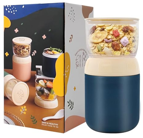 XULIERUX Bol Muesli avec Deux RéCipients SéParéS, 300 + 400 Ml Bol Muesli a Emporter, Tasse à Café De Yaourt, Tasse En Plastique Anti-Fuite Pour Petit-DéJeuner, Pique-Nique, Voyage, Bleu