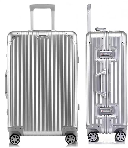 yuweijie Aluminium Reisekoffer Bordkoffer Hartschalen-Koffer Trolley Rollkoffer Handgepäck Teleskopgriff, TSA, 4 Rollen (Silber, M)