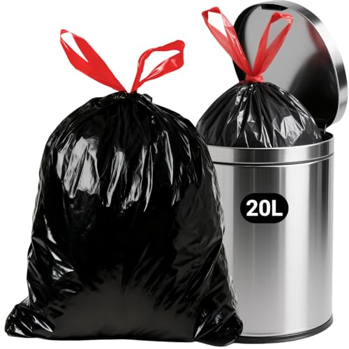 OKKEAI 20L Black Bin Bags with Drawstring, Pedal Bin Liners, 60 Count | Small Bin Liners, Leak-Resistant, Unscented, Easy to Dispense and Lift Out, Ideal for Bathroom
