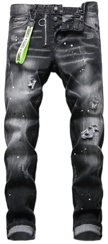 M&Catree Herrjeans, Y2K Streetwear Denimbyxor med rivningar smal passform Hip Hop Cowboy Stil Fritidsbyxor, Svart grå, XXS